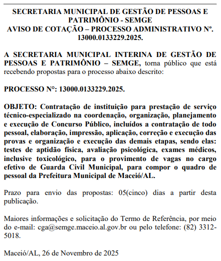 Aviso de licitação para contratação da banca