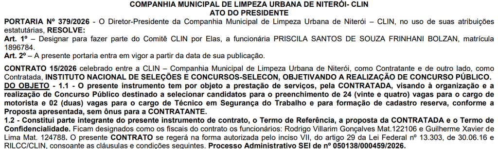 Instituto Selecon é a banca do novo edital CLIN Niterói RJ