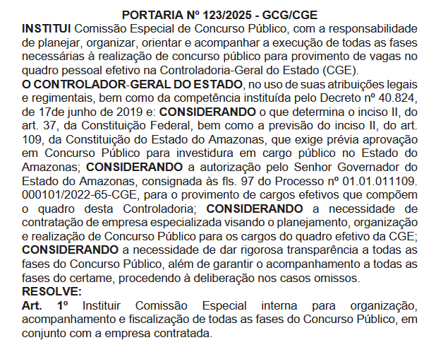 Concurso CGE AM tem comissão especial constituída