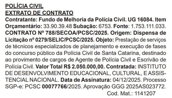 Concurso PC SC: extrato com o Idecan divulgado