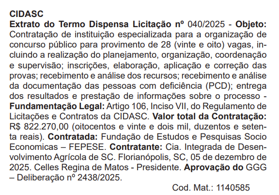 CIDASC define banca para novo concurso; serão 28 vagas!