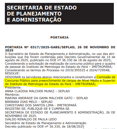 Concurso IMETROPARÁ: comissão para médio e superior!