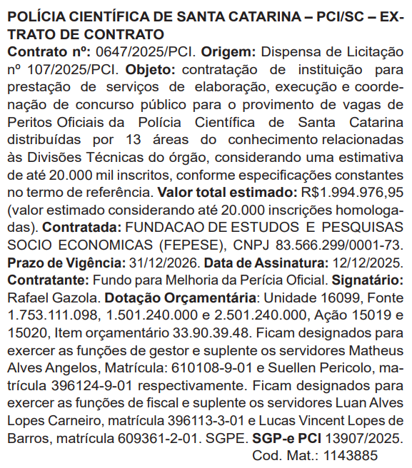 Concurso Polícia Científica SC: banca contratada; 60 vagas