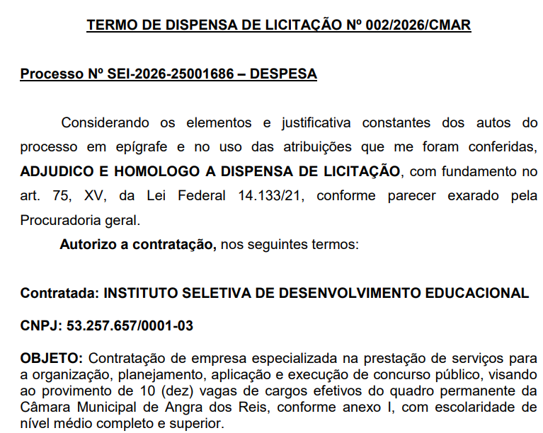 Instituto Seletiva é a banca organizadora do concurso Câmara de Angra dos Reis