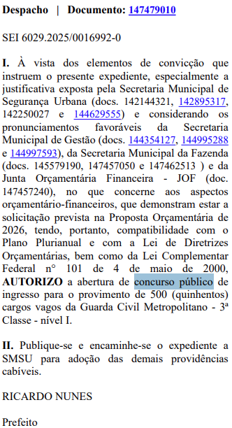 Autorização do concurso GCM SP