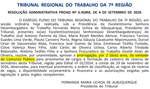 Concurso TRT CE (7ª região): validade é prorrogada até 2028