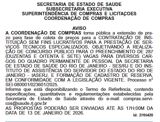 Concurso SES RJ aceitará propostas das bancas até 13/01