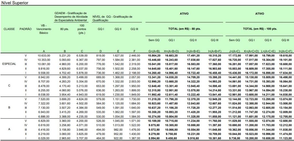 Estrutura remuneratória do IBAMA para cargos de nível superior