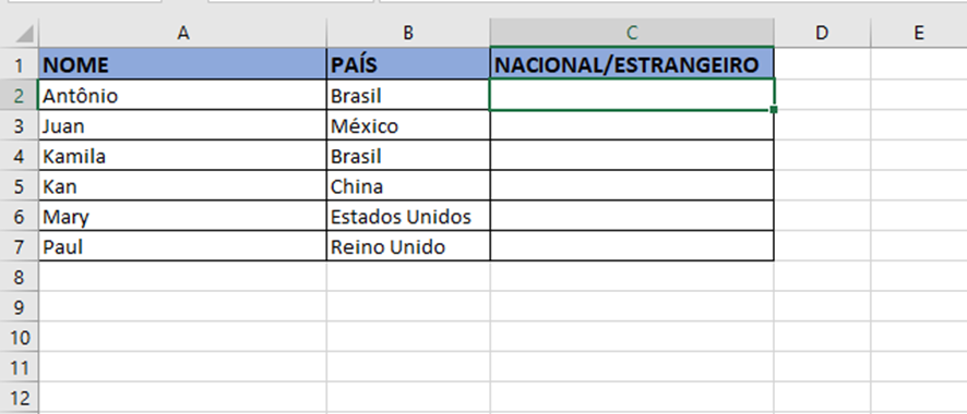 Função SE Excel: exemplo 1