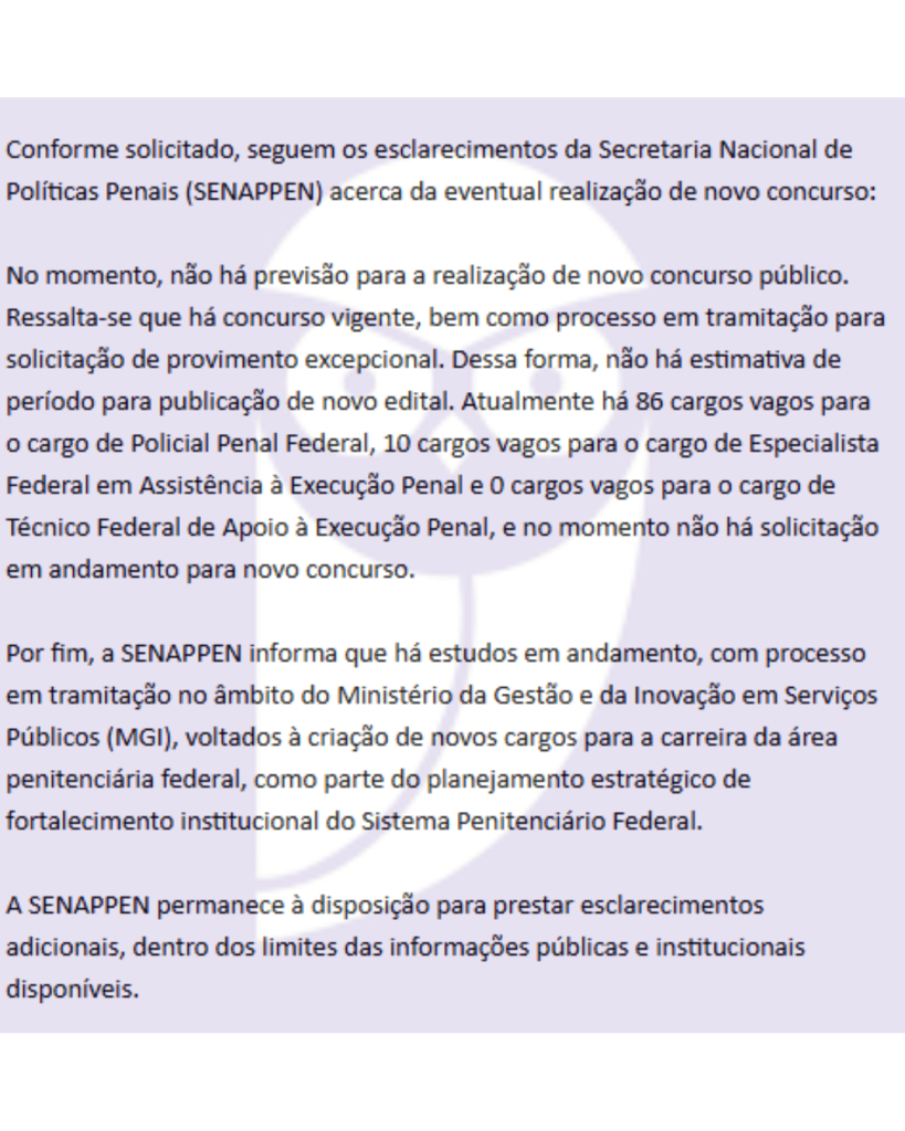 Informações sobre o novo concurso SENAPPEN