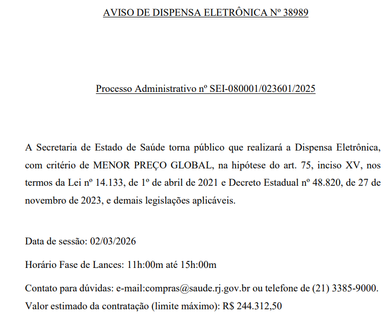 Concurso SES RJ aceitará propostas das bancas até 02/03