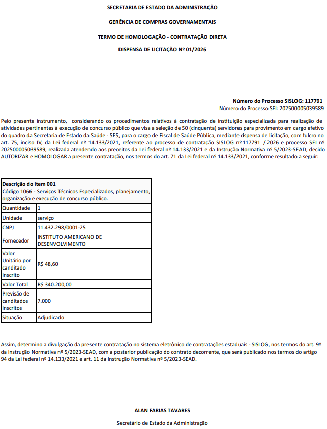 Termo confirma edital com 50 vagas para Fiscal de Saúde e IADES como banca