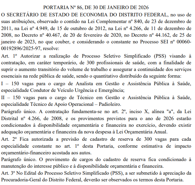 Novo PSS SES DF é autorizado com 300 vagas