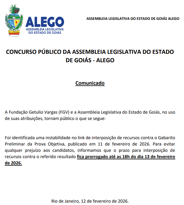 Prazo para recursos contra os gabaritos preliminares do concurso ALEGO é prorrogado