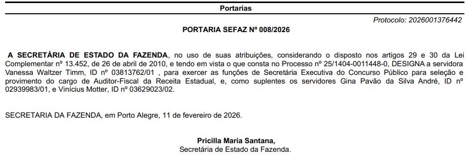 Sefaz RS designa Secretaria Executiva para concurso de Auditor