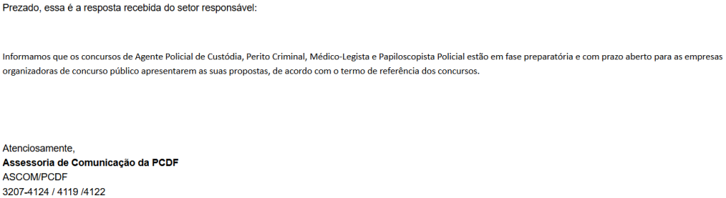 Editais do concurso PCDF previstos em 2026 ainda podem receber propostas das bancas interessadas