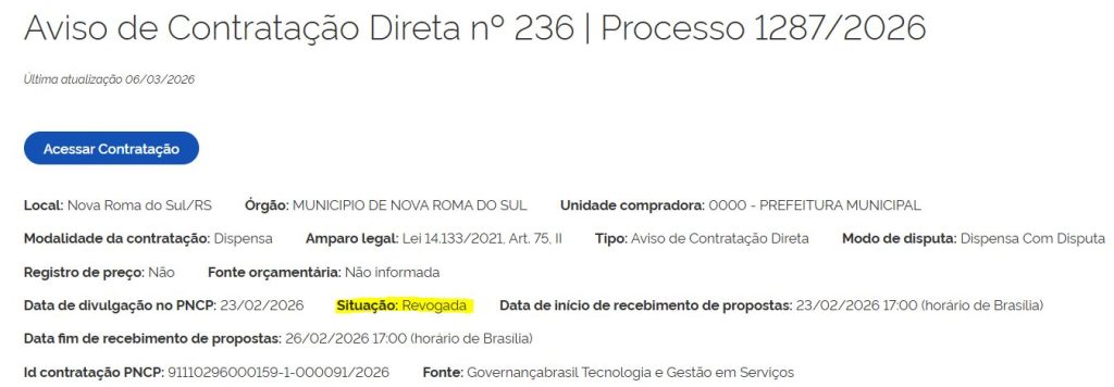Concurso Nova Roma do Sul: revoga escolha da banca!