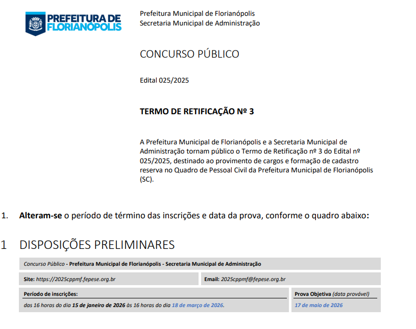 Concurso de Florianópolis prorroga inscrições até 18/3!