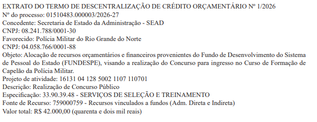 Termo libera crédito orçamentário para novo concurso PM RN para Capelão