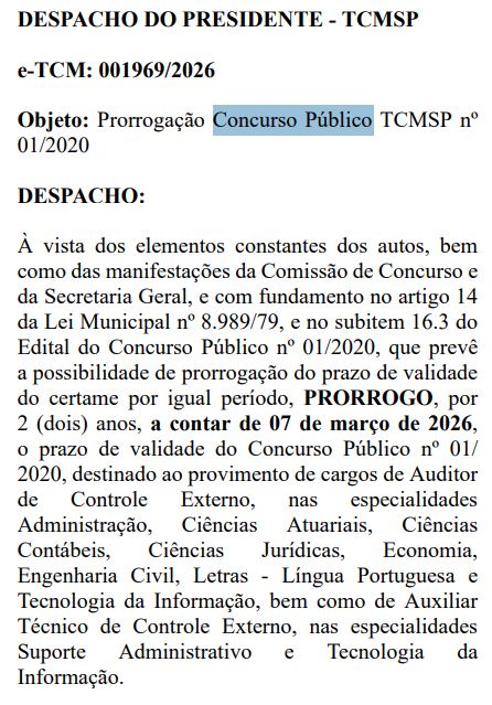 Concurso TCM SP tem validade prorrogada até 2028!