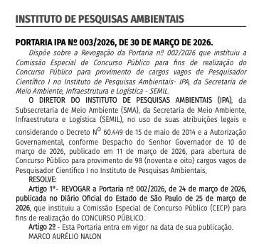 Concurso IPA SP: comissão para 98 vagas é revogada