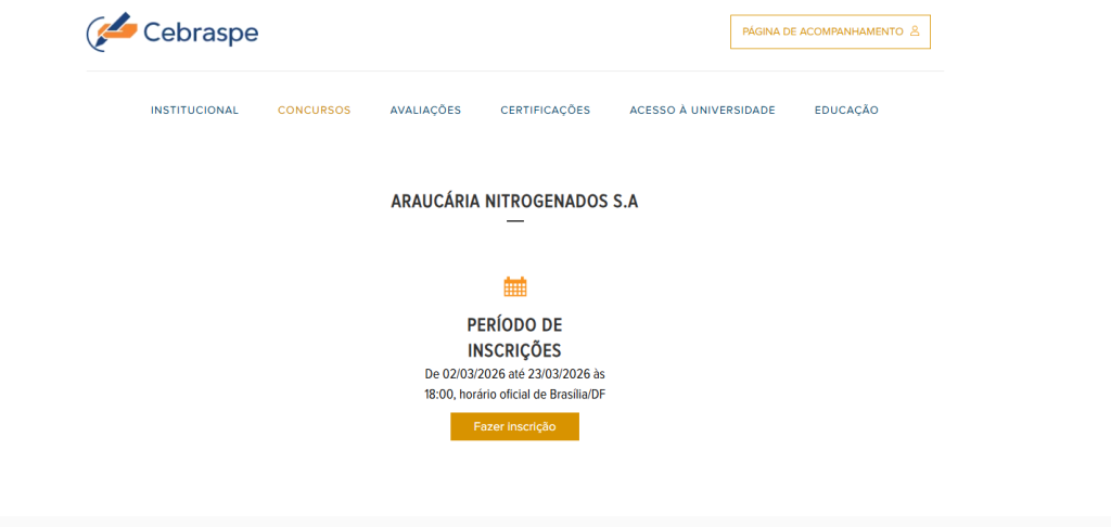 Página oficial para inscrição no concurso da subsidiaria da Petrobras 