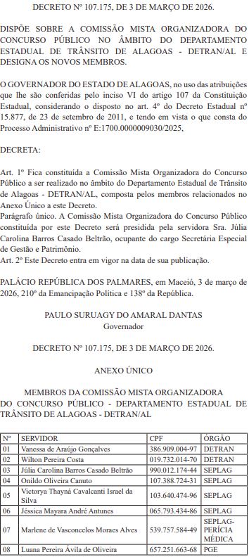 Membros que passam a compor a comissão do concurso Detran AL