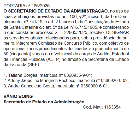 Concurso SEFAZ SC: comissão formada