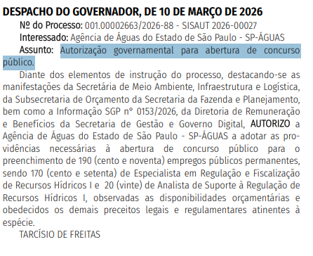Concurso SP Águas: edital AUTORIZADO com 190 vagas!