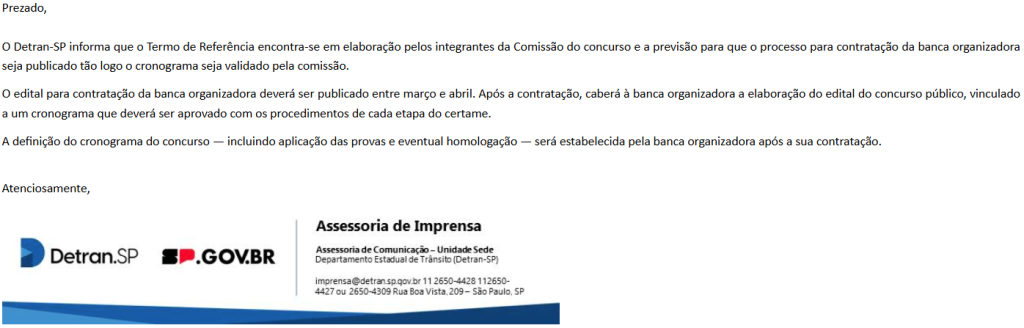 Novidades acerca da contratação da banca organizadora do concurso Detran SP devem ser divulgadas até o fim de abril