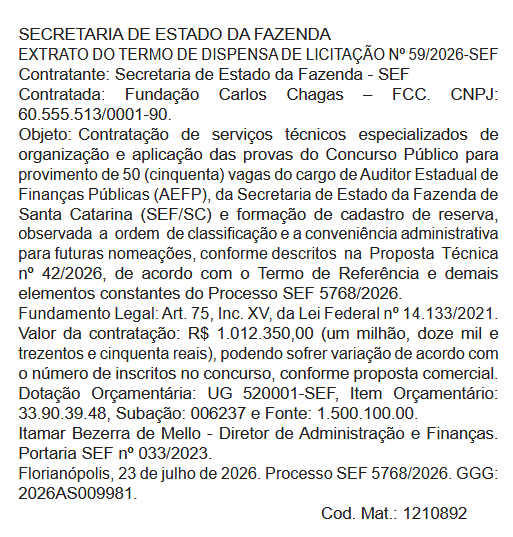 Concurso SEFAZ SC terá a FCC como banca organizadora