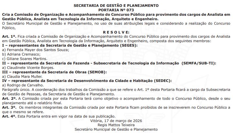 Novo concurso da Prefeitura de Vitória em comissão formada