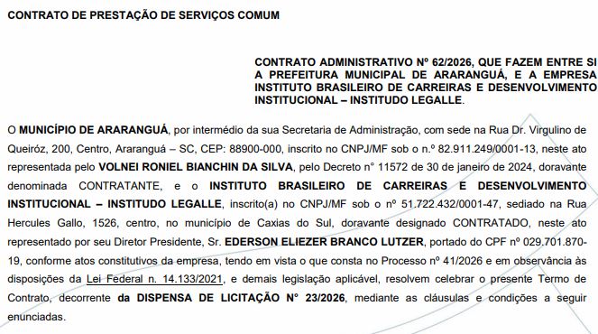 Contrato firmado entre a banca Instituto Legalle e a prefeitura de Araranguá 