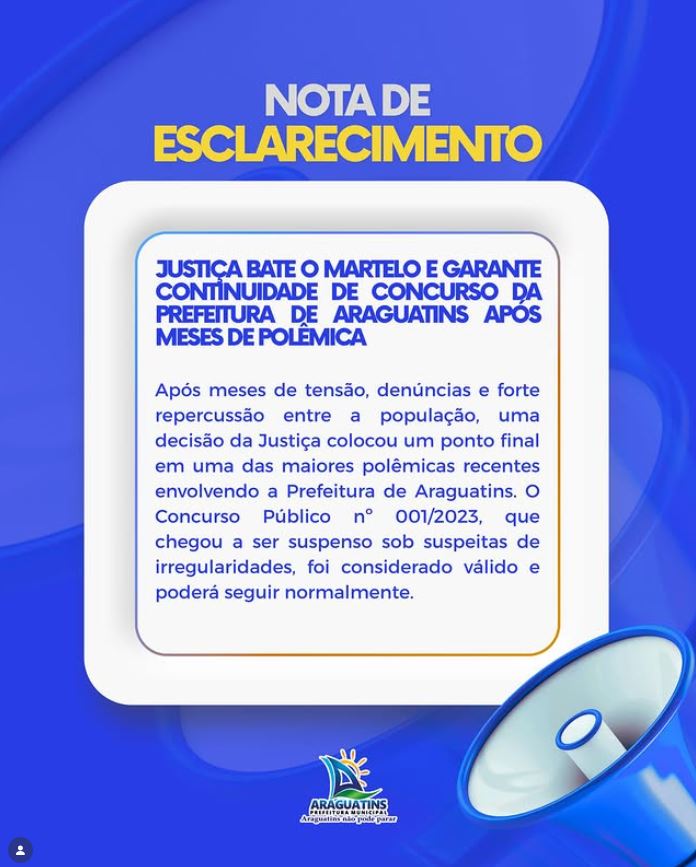Nota publicada pela Prefeitura de Araguatins - Imagem: Instagram