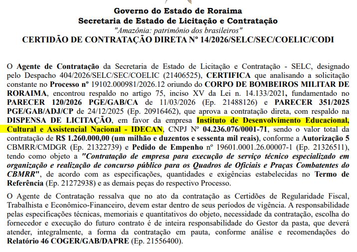 Dispensa de licitação que confirma a empresa IDECAN como a banca organizadora do concurso Bombeiro RR 2026