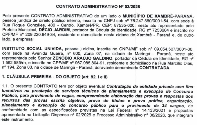 Concurso Xambrê PR: banca organizadora contratada!