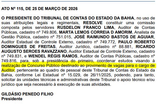 Concurso TCE BA: comissão formada para cargo de Auditor