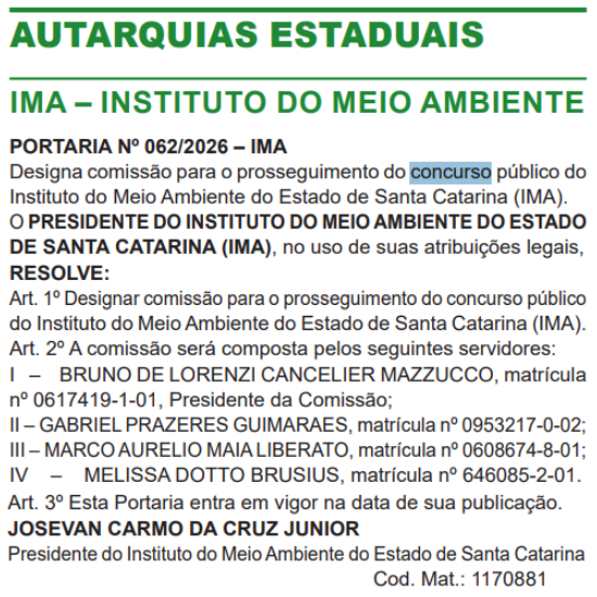 Informações sobre comissão formada do concurso IMA SC