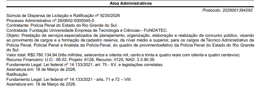 Súmula do contrato para organização do concurso Polícia Penal RS