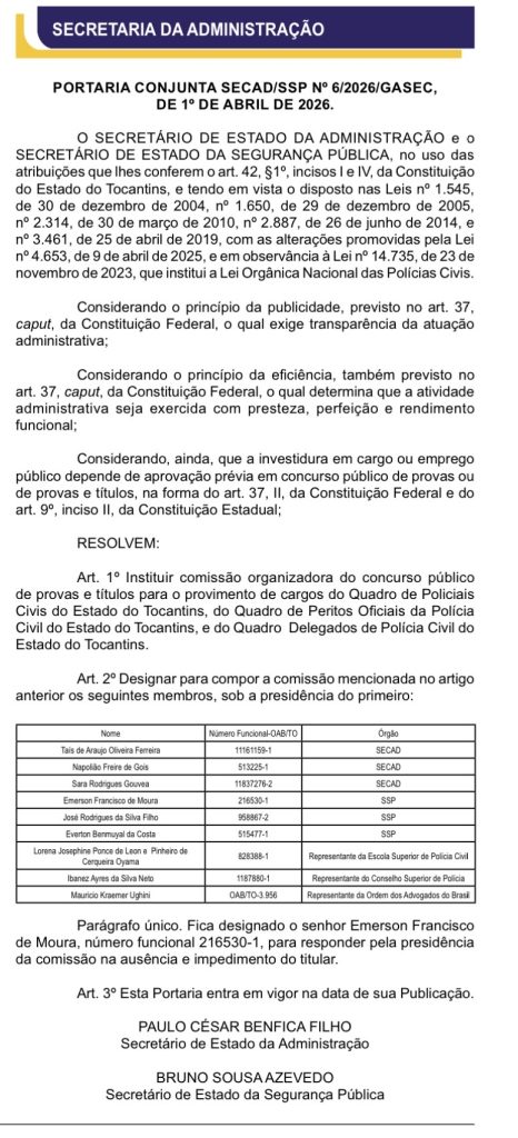 Comissão do concurso PC TO divulgada em diário oficial