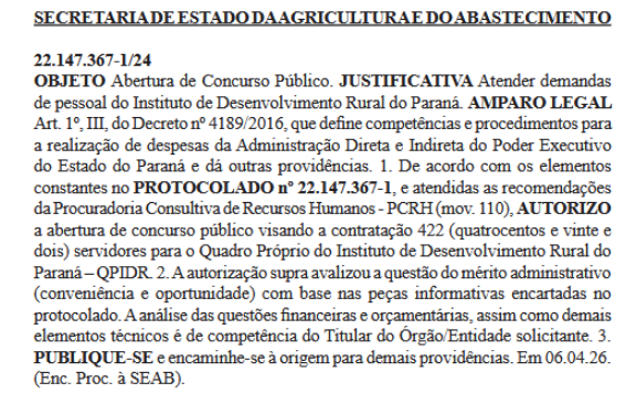 Informações do Diário Oficial do Estado informando a portaria que autoriza o concurso IDR Paraná