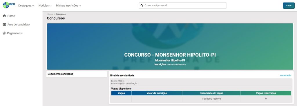 Página da banca IBED reserva para o concurso da Prefeitura de Monsenhor Hipólito 2026