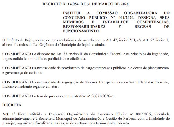 Concurso Prefeitura Itajaí tem banca e comissão!