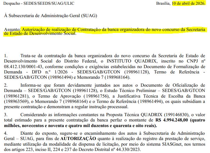 Concurso Sedes DF: autorizada contratação da banca Quadrix