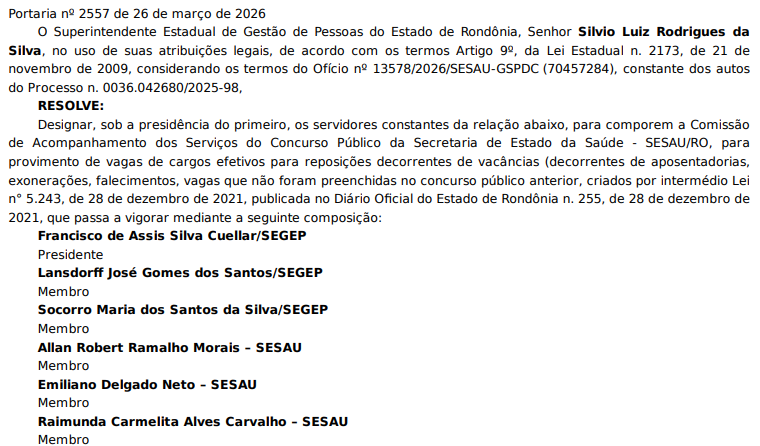 Comissão do concurso SESAU RO