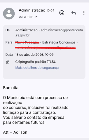 resposta sobre próximo Concurso da Prefeitura de Ponte Preta