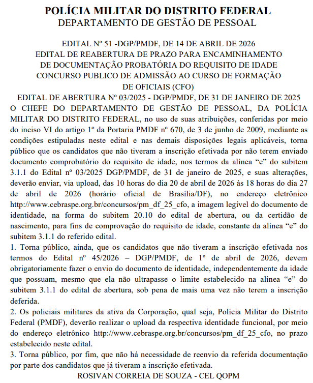 Reaberto o prazo para comprovação de idade no concurso PMDF Oficial