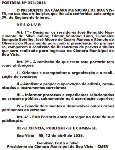 Membros que passam a compor a comissão do concurso Câmara de Boa Vista RR
