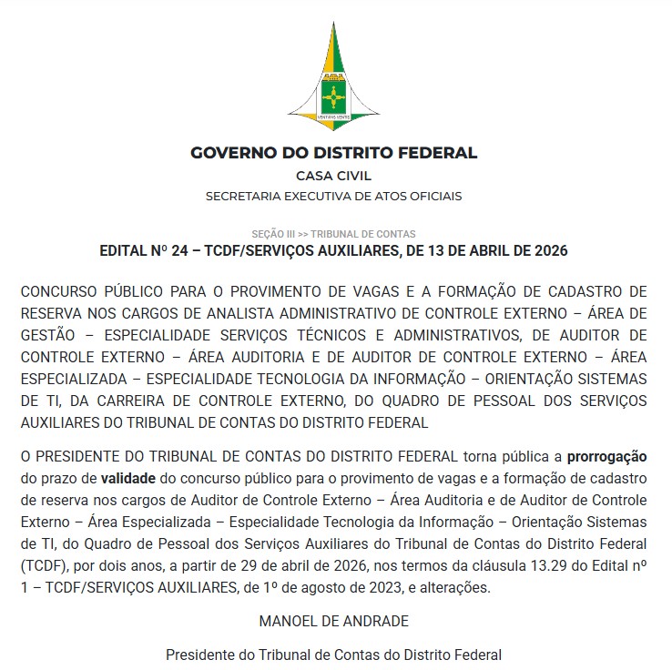 prorrogada a validade do concurso TCDF 2023