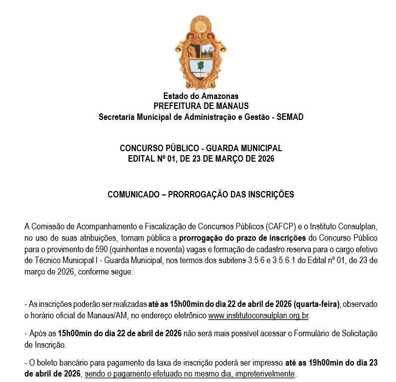 Concurso Guarda de Manaus tem inscrições prorrogadas